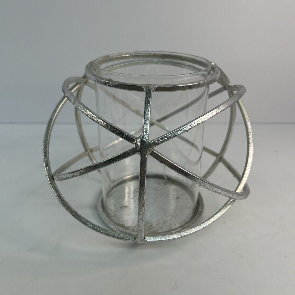 Silver Orb Candle Holder Metal Intersecting Wire Cage Hurricane Cylinder 2pc